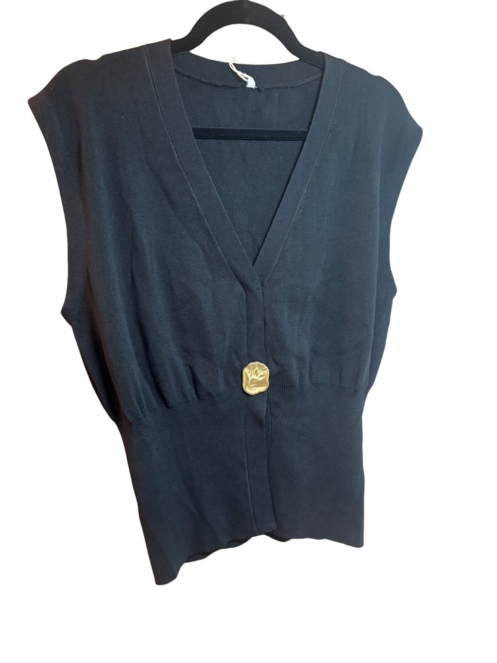 Fashion Brand Black V-Neck Top with Gold Metal Accent Large NWT